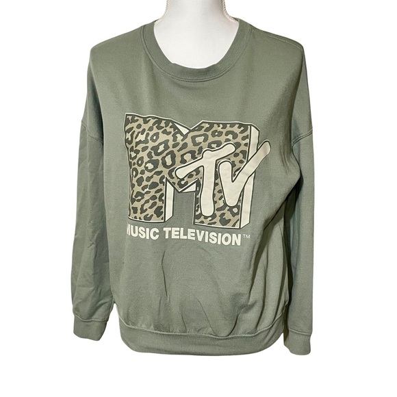 MTV Tops - MTV Retro Olive Green Leopard Logo Sweatshirt, Sz S
